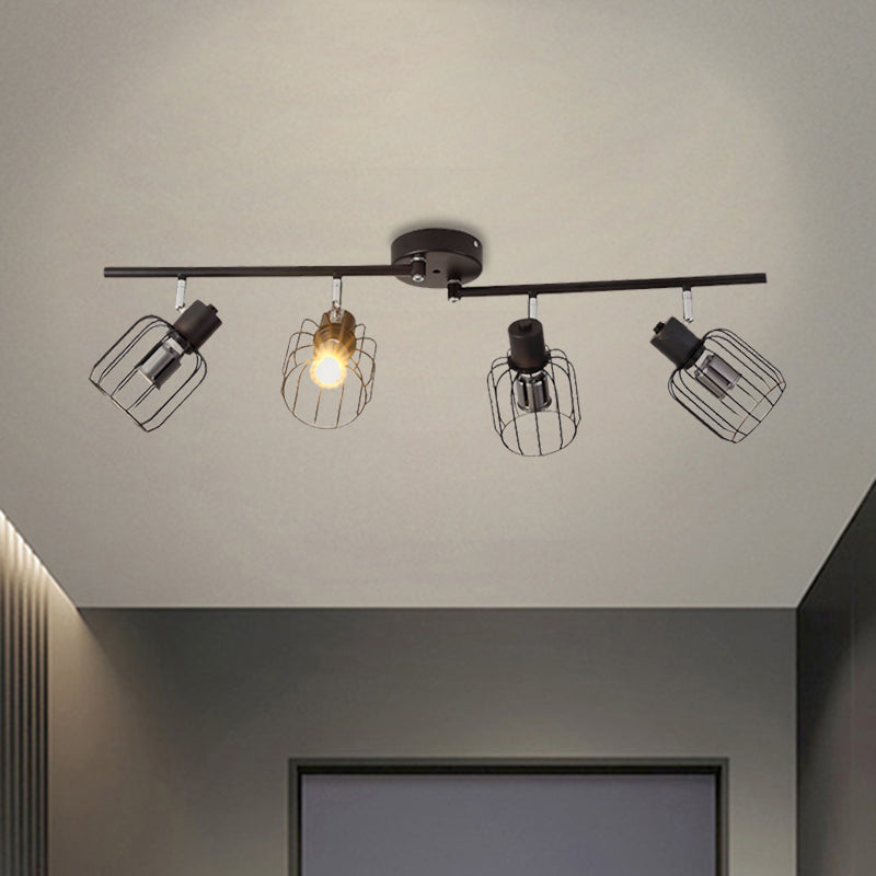 4 Lights Semi-Flush Ceiling Light Industrial Linear Iron Lighting Fixture with Mini Drum Cage Shade in Black for Coffee Shop Clearhalo 'Ceiling Lights' 'Close To Ceiling Lights' 'Close to ceiling' 'Semi-flushmount' Lighting' 1871991