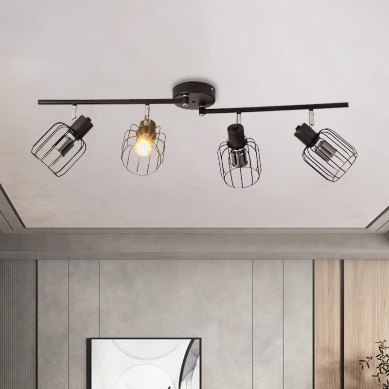 4 Lights Semi-Flush Ceiling Light Industrial Linear Iron Lighting Fixture with Mini Drum Cage Shade in Black for Coffee Shop Clearhalo 'Ceiling Lights' 'Close To Ceiling Lights' 'Close to ceiling' 'Semi-flushmount' Lighting' 1871992