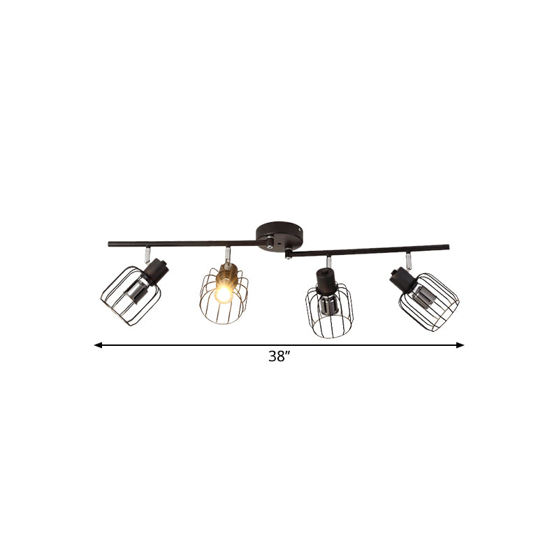 4 Lights Semi-Flush Ceiling Light Industrial Linear Iron Lighting Fixture with Mini Drum Cage Shade in Black for Coffee Shop Clearhalo 'Ceiling Lights' 'Close To Ceiling Lights' 'Close to ceiling' 'Semi-flushmount' Lighting' 1871994