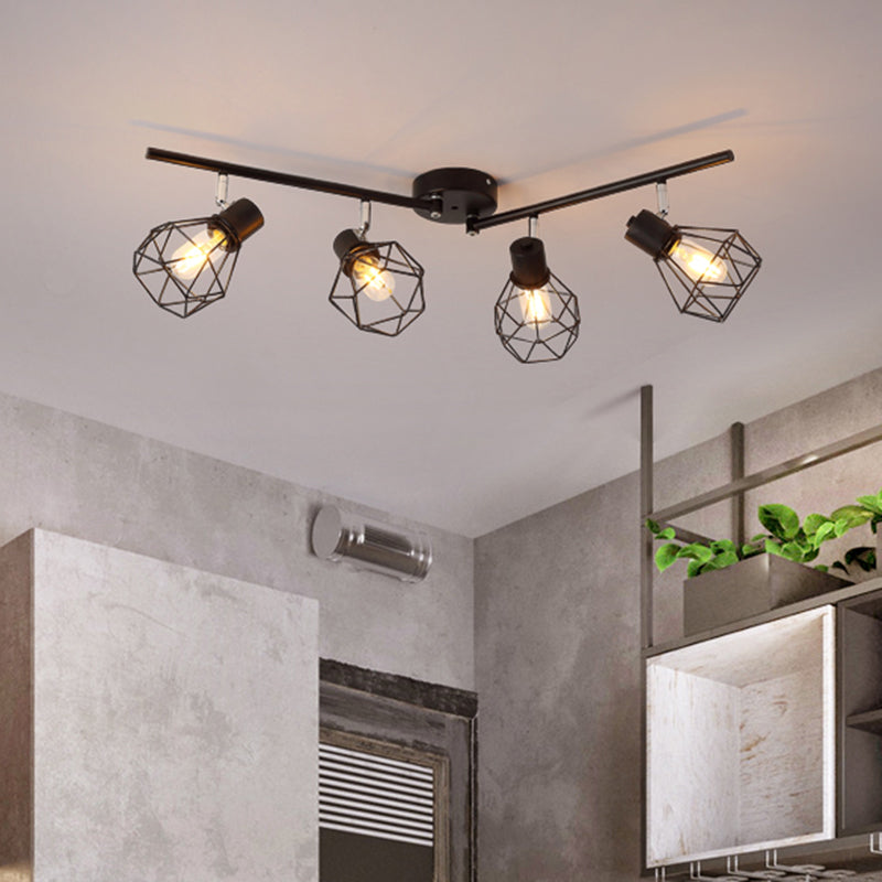 4 Lights Ceiling Light with Mini Diamond Cage Metal Vintage Kitchen Semi Flush Mount Light in Black Black Clearhalo 'Ceiling Lights' 'Close To Ceiling Lights' 'Close to ceiling' 'Semi-flushmount' Lighting' 1871995