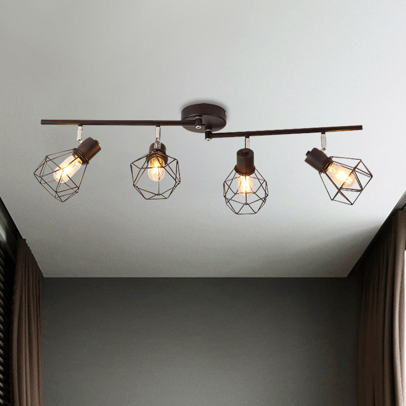 4 Lights Ceiling Light with Mini Diamond Cage Metal Vintage Kitchen Semi Flush Mount Light in Black Clearhalo 'Ceiling Lights' 'Close To Ceiling Lights' 'Close to ceiling' 'Semi-flushmount' Lighting' 1871996