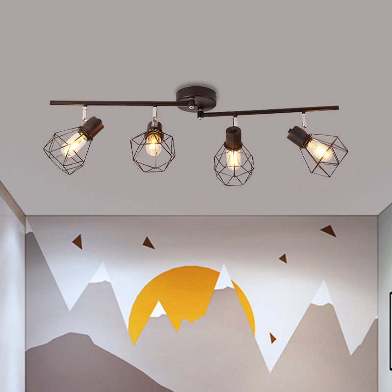 4 Lights Ceiling Light with Mini Diamond Cage Metal Vintage Kitchen Semi Flush Mount Light in Black Clearhalo 'Ceiling Lights' 'Close To Ceiling Lights' 'Close to ceiling' 'Semi-flushmount' Lighting' 1871997