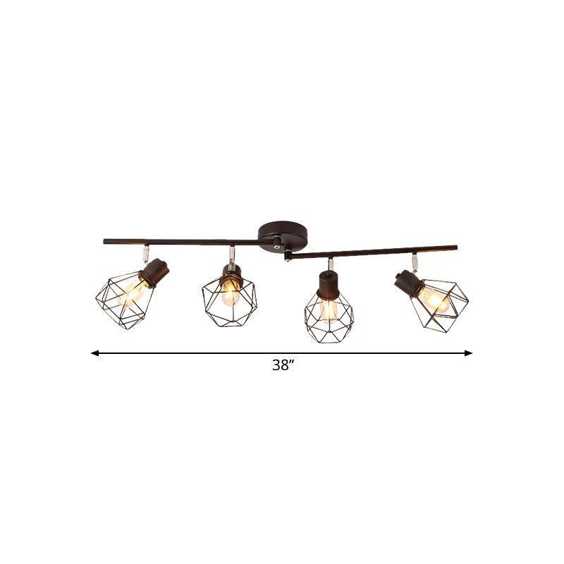 4 Lights Ceiling Light with Mini Diamond Cage Metal Vintage Kitchen Semi Flush Mount Light in Black Clearhalo 'Ceiling Lights' 'Close To Ceiling Lights' 'Close to ceiling' 'Semi-flushmount' Lighting' 1871999