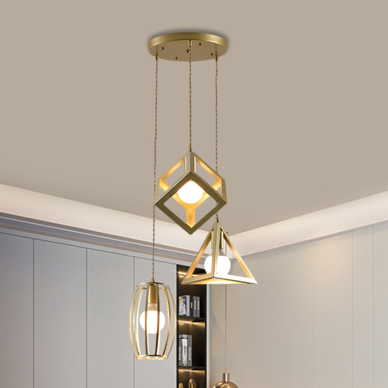 Metal Golden Hanging Lamp Wire Frame 3 Lights Farmhouse Suspended Light with Round/Linear Canopy for Living Room Clearhalo 'Ceiling Lights' 'Modern Pendants' 'Modern' 'Pendant Lights' 'Pendants' Lighting' 1872085