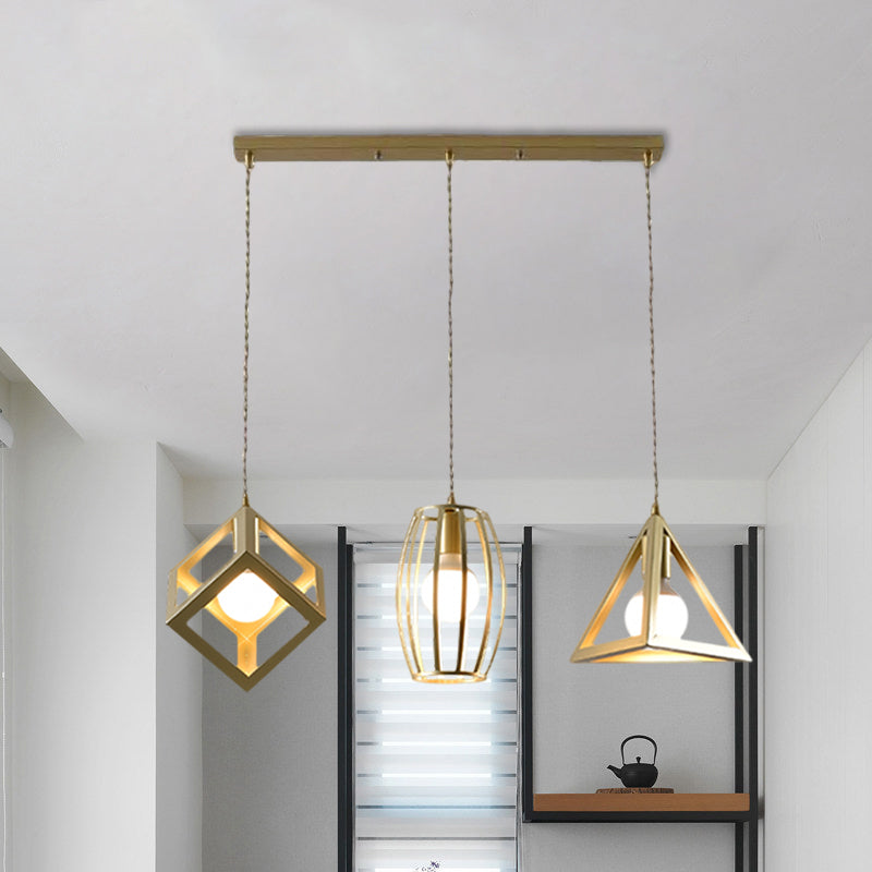 Metal Golden Hanging Lamp Wire Frame 3 Lights Farmhouse Suspended Light with Round/Linear Canopy for Living Room Clearhalo 'Ceiling Lights' 'Modern Pendants' 'Modern' 'Pendant Lights' 'Pendants' Lighting' 1872090