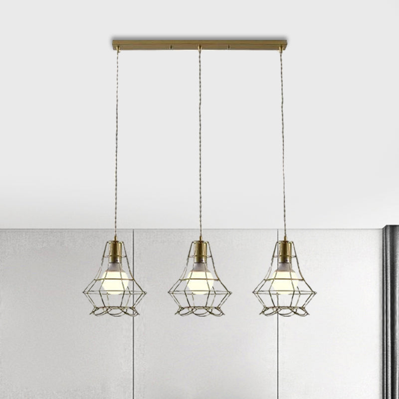 Golden 3 Lights Hanging Lamp Vintage Iron Caged Ceiling Pendant Fixture with Petal Shade and Round/Linear Canopy Clearhalo 'Ceiling Lights' 'Modern Pendants' 'Modern' 'Pendant Lights' 'Pendants' Lighting' 1872094