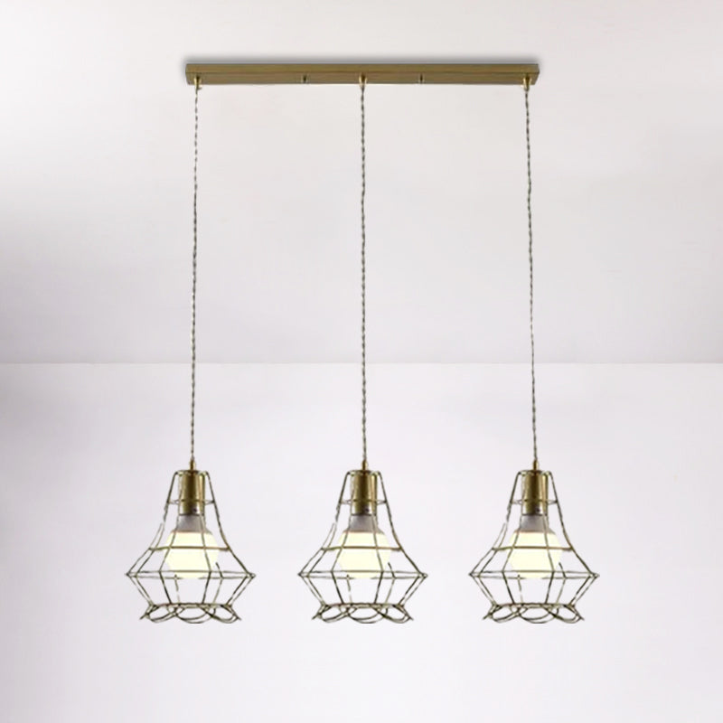 Golden 3 Lights Hanging Lamp Vintage Iron Caged Ceiling Pendant Fixture with Petal Shade and Round/Linear Canopy Clearhalo 'Ceiling Lights' 'Modern Pendants' 'Modern' 'Pendant Lights' 'Pendants' Lighting' 1872095