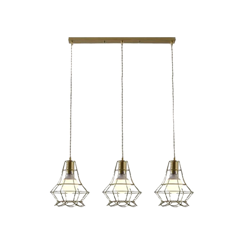 Golden 3 Lights Hanging Lamp Vintage Iron Caged Ceiling Pendant Fixture with Petal Shade and Round/Linear Canopy Clearhalo 'Ceiling Lights' 'Modern Pendants' 'Modern' 'Pendant Lights' 'Pendants' Lighting' 1872096