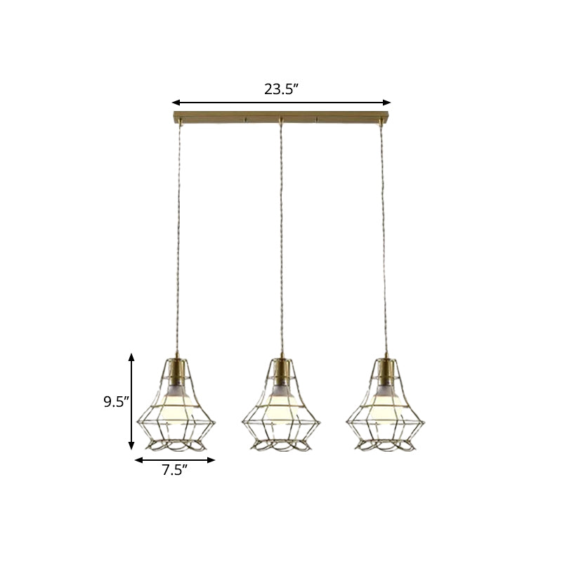 Golden 3 Lights Hanging Lamp Vintage Iron Caged Ceiling Pendant Fixture with Petal Shade and Round/Linear Canopy Clearhalo 'Ceiling Lights' 'Modern Pendants' 'Modern' 'Pendant Lights' 'Pendants' Lighting' 1872097