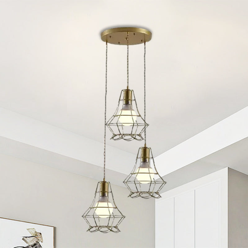 Golden 3 Lights Hanging Lamp Vintage Iron Caged Ceiling Pendant Fixture with Petal Shade and Round/Linear Canopy Gold Round Clearhalo 'Ceiling Lights' 'Modern Pendants' 'Modern' 'Pendant Lights' 'Pendants' Lighting' 1872098