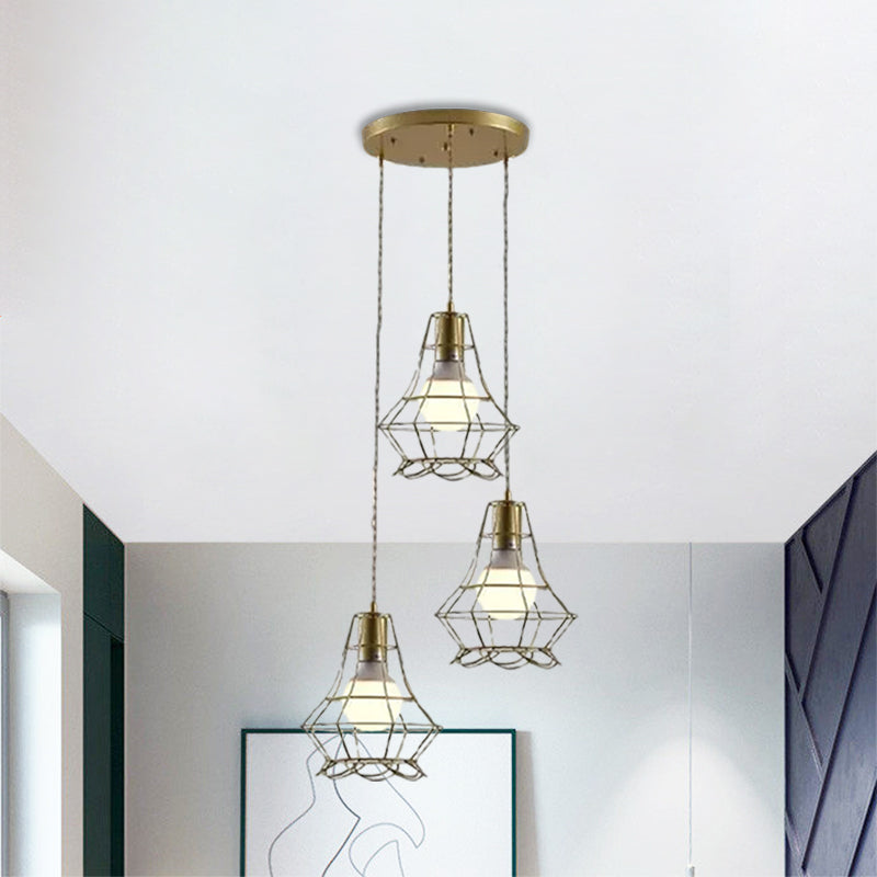 Golden 3 Lights Hanging Lamp Vintage Iron Caged Ceiling Pendant Fixture with Petal Shade and Round/Linear Canopy Clearhalo 'Ceiling Lights' 'Modern Pendants' 'Modern' 'Pendant Lights' 'Pendants' Lighting' 1872099