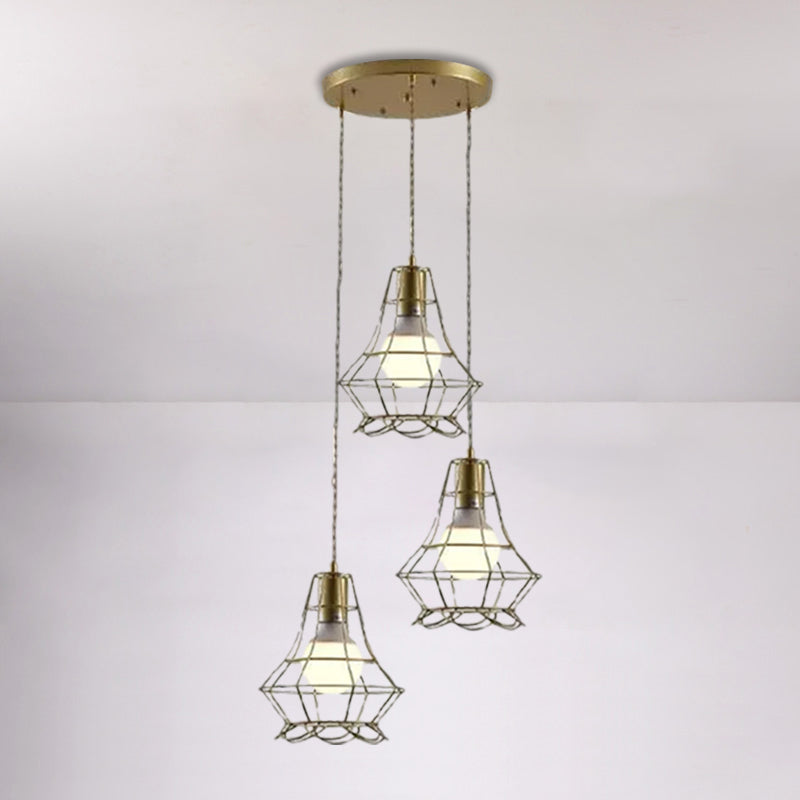 Golden 3 Lights Hanging Lamp Vintage Iron Caged Ceiling Pendant Fixture with Petal Shade and Round/Linear Canopy Clearhalo 'Ceiling Lights' 'Modern Pendants' 'Modern' 'Pendant Lights' 'Pendants' Lighting' 1872100