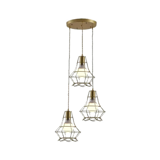 Golden 3 Lights Hanging Lamp Vintage Iron Caged Ceiling Pendant Fixture with Petal Shade and Round/Linear Canopy Clearhalo 'Ceiling Lights' 'Modern Pendants' 'Modern' 'Pendant Lights' 'Pendants' Lighting' 1872101