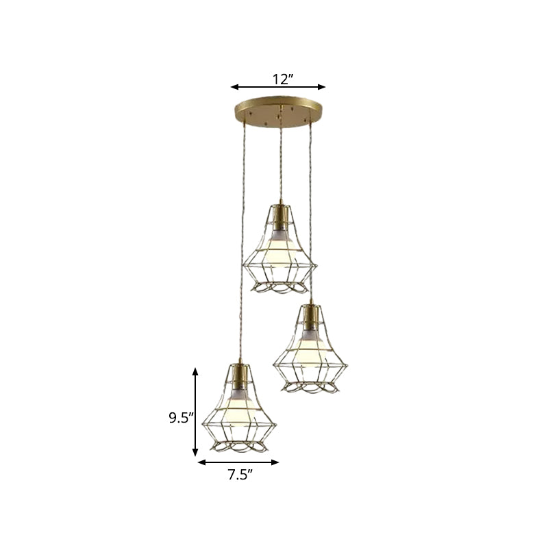 Golden 3 Lights Hanging Lamp Vintage Iron Caged Ceiling Pendant Fixture with Petal Shade and Round/Linear Canopy Clearhalo 'Ceiling Lights' 'Modern Pendants' 'Modern' 'Pendant Lights' 'Pendants' Lighting' 1872102