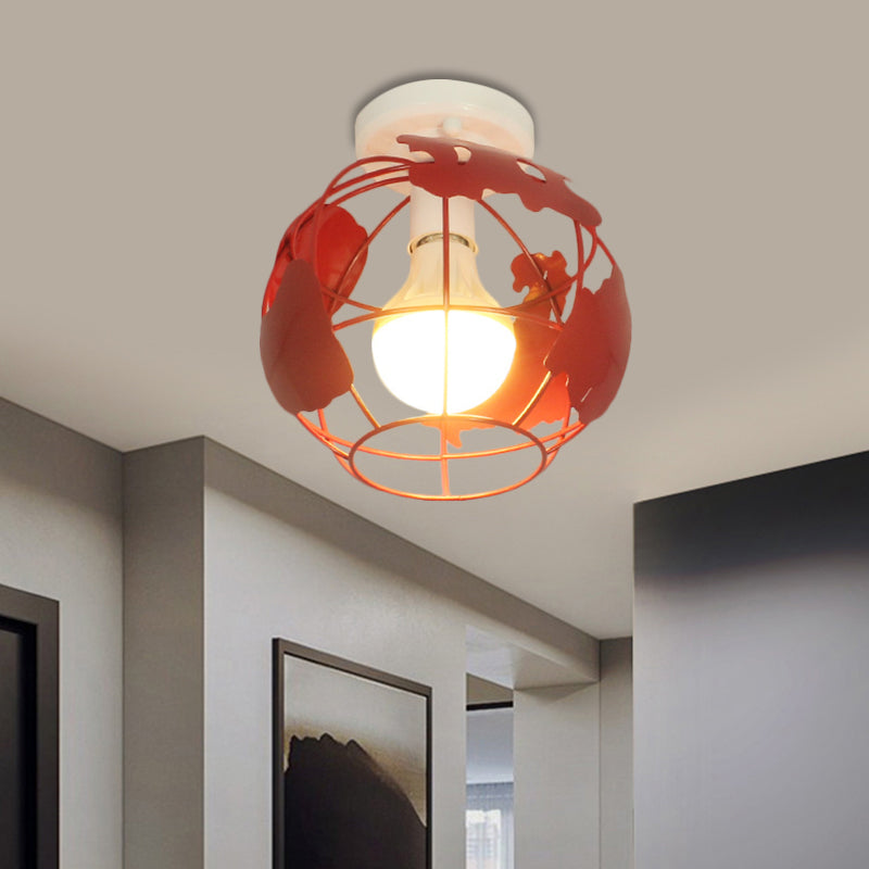 Globe Metallic Flush Mount Light with Cage Shade Industrial Style 1 Head Corridor Ceiling Light in Black/Red Clearhalo 'Ceiling Lights' 'Close To Ceiling Lights' 'Close to ceiling' 'Semi-flushmount' Lighting' 1872124