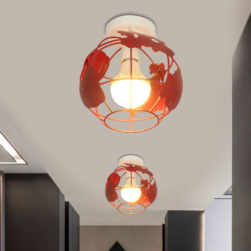 Globe Metallic Flush Mount Light with Cage Shade Industrial Style 1 Head Corridor Ceiling Light in Black/Red Clearhalo 'Ceiling Lights' 'Close To Ceiling Lights' 'Close to ceiling' 'Semi-flushmount' Lighting' 1872125