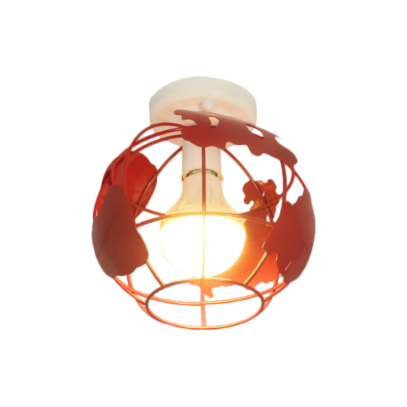 Globe Metallic Flush Mount Light with Cage Shade Industrial Style 1 Head Corridor Ceiling Light in Black/Red Clearhalo 'Ceiling Lights' 'Close To Ceiling Lights' 'Close to ceiling' 'Semi-flushmount' Lighting' 1872126