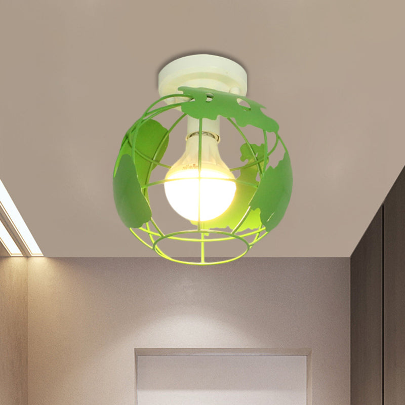 Globe Metallic Flush Mount Light with Cage Shade Industrial Style 1 Head Corridor Ceiling Light in Black/Red Green Clearhalo 'Ceiling Lights' 'Close To Ceiling Lights' 'Close to ceiling' 'Semi-flushmount' Lighting' 1872128