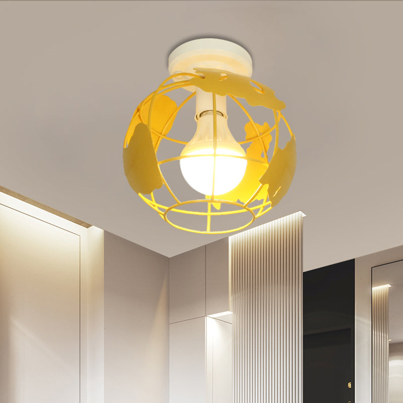 Globe Metallic Flush Mount Light with Cage Shade Industrial Style 1 Head Corridor Ceiling Light in Black/Red Yellow Clearhalo 'Ceiling Lights' 'Close To Ceiling Lights' 'Close to ceiling' 'Semi-flushmount' Lighting' 1872132