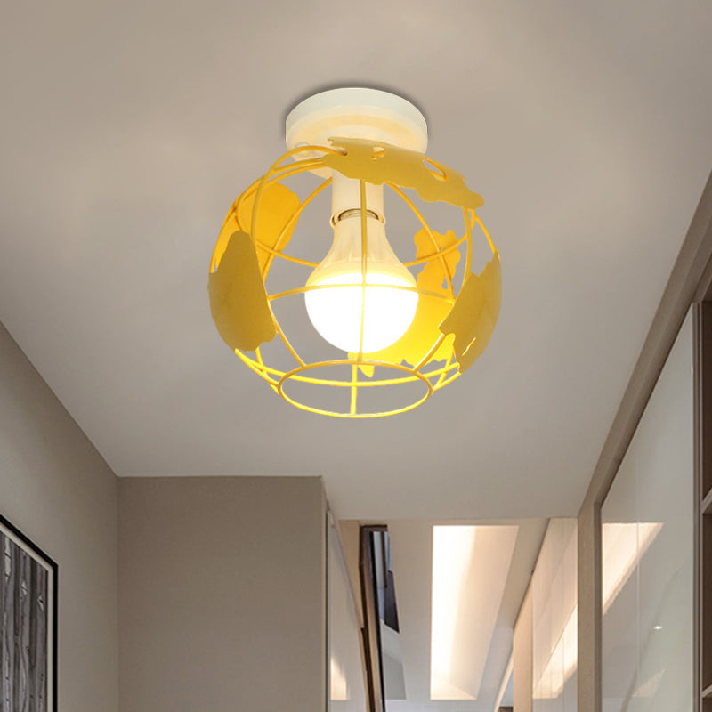 Globe Metallic Flush Mount Light with Cage Shade Industrial Style 1 Head Corridor Ceiling Light in Black/Red Clearhalo 'Ceiling Lights' 'Close To Ceiling Lights' 'Close to ceiling' 'Semi-flushmount' Lighting' 1872134