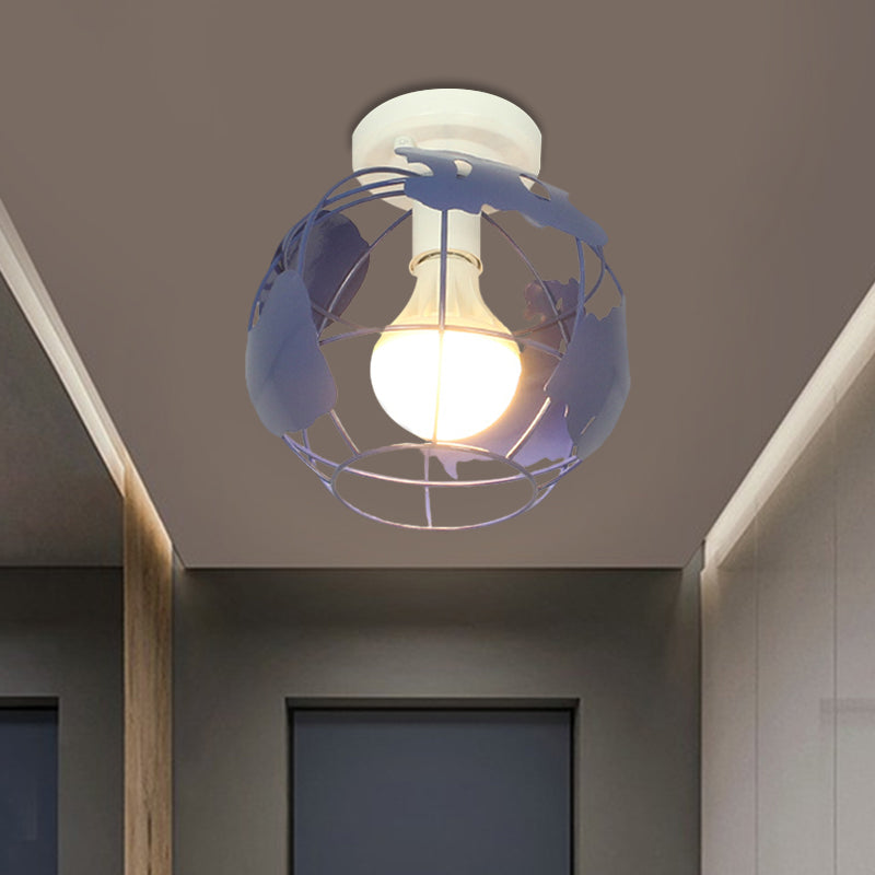 Globe Metallic Flush Mount Light with Cage Shade Industrial Style 1 Head Corridor Ceiling Light in Black/Red Blue Clearhalo 'Ceiling Lights' 'Close To Ceiling Lights' 'Close to ceiling' 'Semi-flushmount' Lighting' 1872136