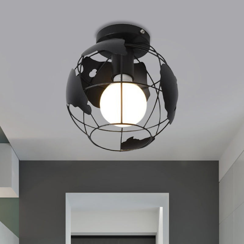 Globe Metallic Flush Mount Light with Cage Shade Industrial Style 1 Head Corridor Ceiling Light in Black/Red Black Clearhalo 'Ceiling Lights' 'Close To Ceiling Lights' 'Close to ceiling' 'Semi-flushmount' Lighting' 1872140