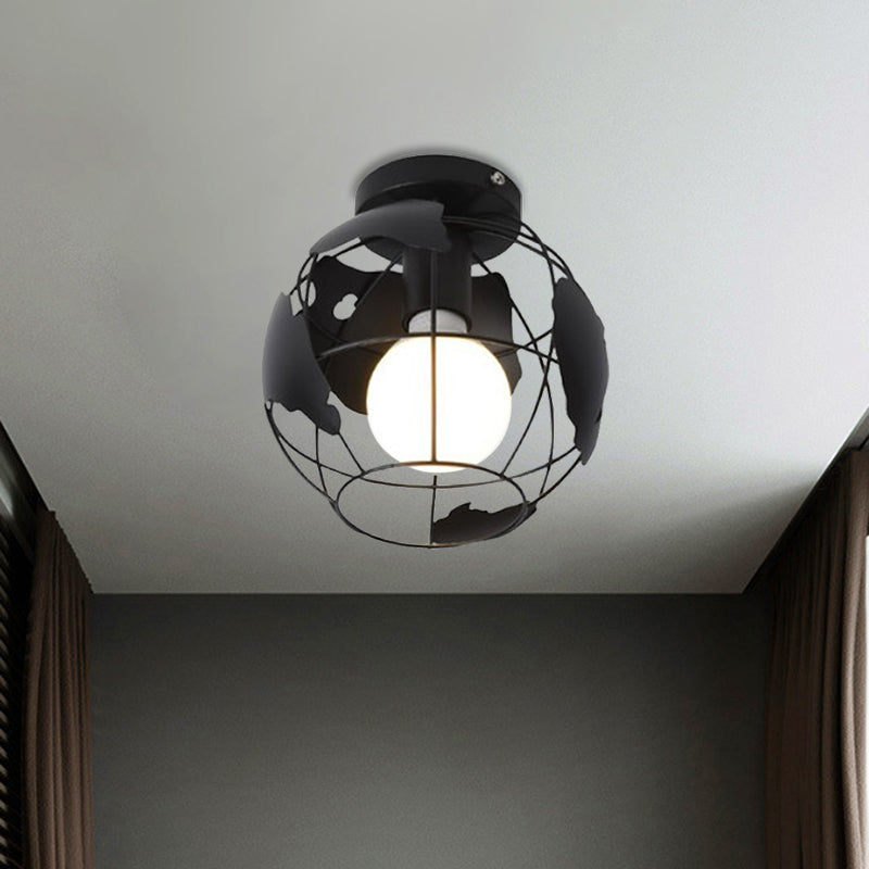 Globe Metallic Flush Mount Light with Cage Shade Industrial Style 1 Head Corridor Ceiling Light in Black/Red Clearhalo 'Ceiling Lights' 'Close To Ceiling Lights' 'Close to ceiling' 'Semi-flushmount' Lighting' 1872141