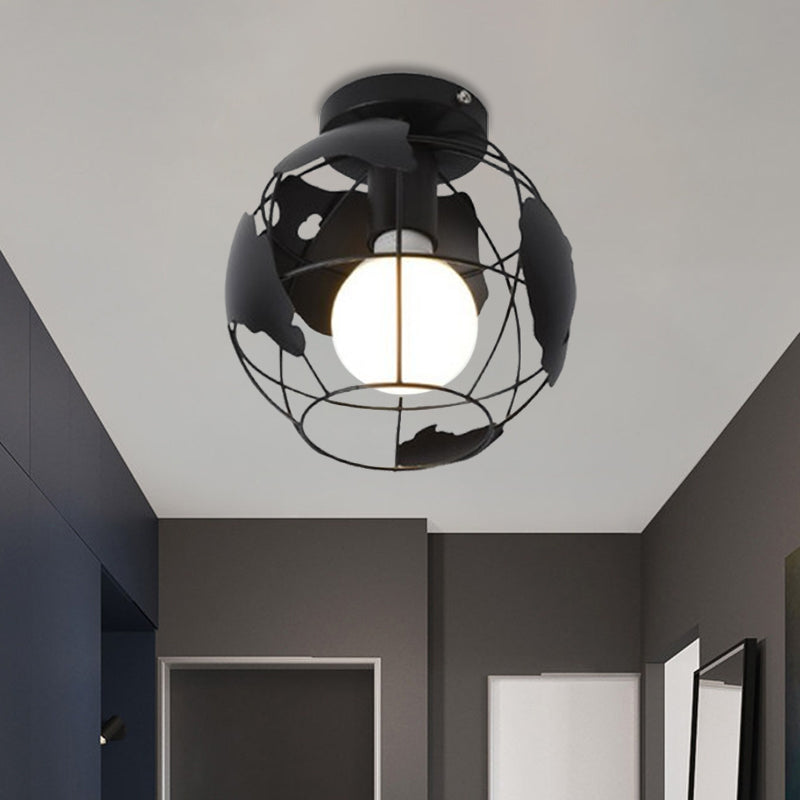 Globe Metallic Flush Mount Light with Cage Shade Industrial Style 1 Head Corridor Ceiling Light in Black/Red Clearhalo 'Ceiling Lights' 'Close To Ceiling Lights' 'Close to ceiling' 'Semi-flushmount' Lighting' 1872142