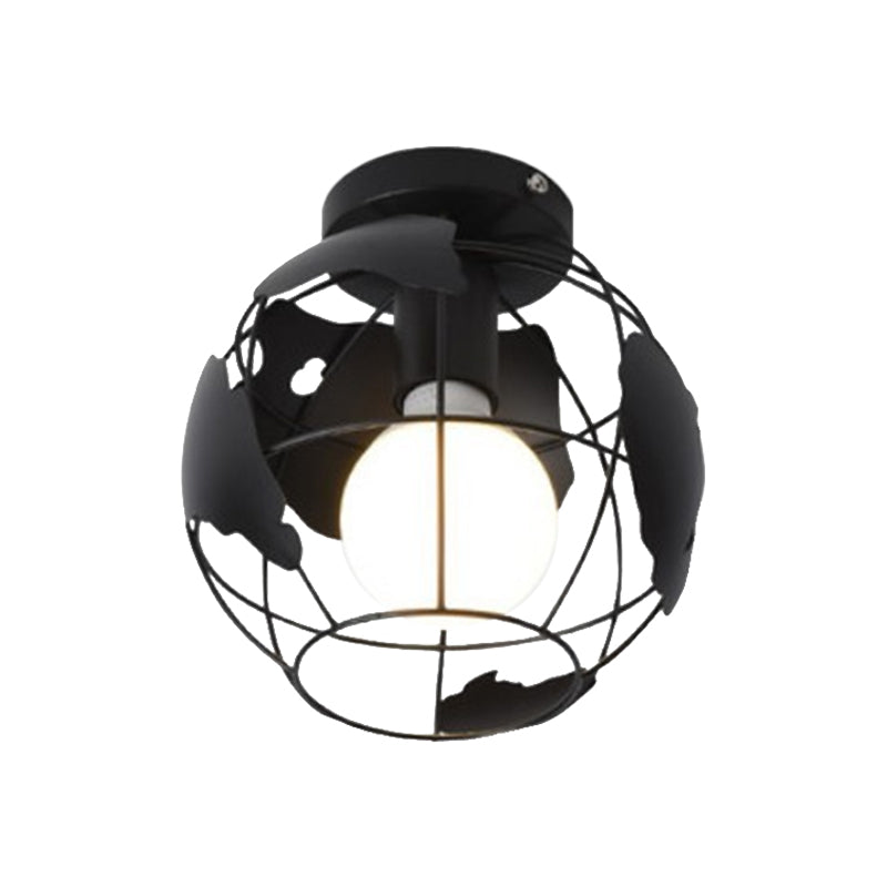 Globe Metallic Flush Mount Light with Cage Shade Industrial Style 1 Head Corridor Ceiling Light in Black/Red Clearhalo 'Ceiling Lights' 'Close To Ceiling Lights' 'Close to ceiling' 'Semi-flushmount' Lighting' 1872143