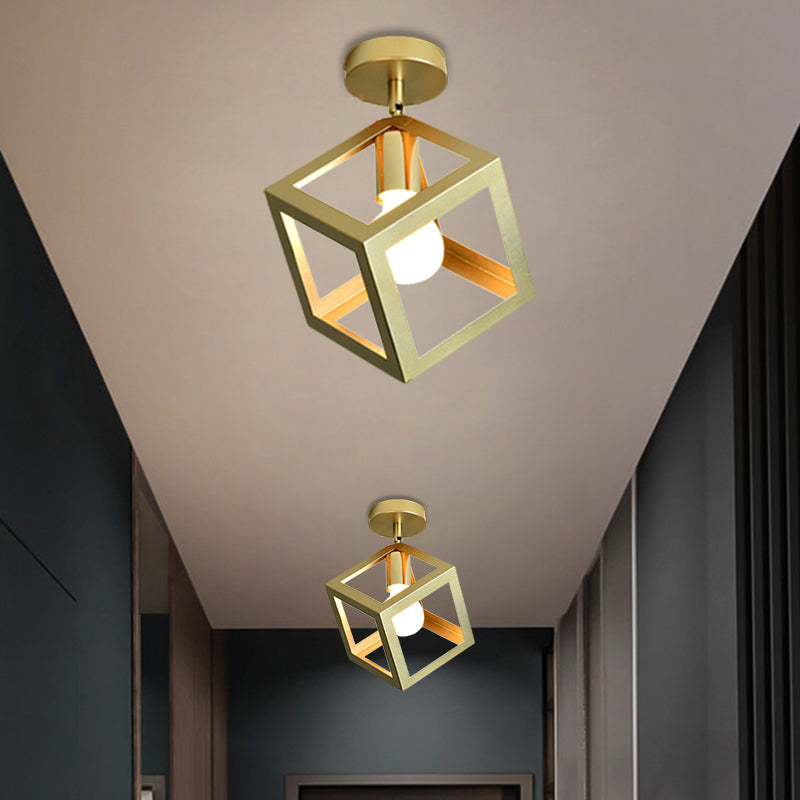 Frame Cylinder/Square Metal Semi Mount Lighting Loft Stylish 1 Bulb Bedroom Ceiling Fixture in Brass Finish Brass Square Clearhalo 'Ceiling Lights' 'Close To Ceiling Lights' 'Close to ceiling' 'Semi-flushmount' Lighting' 1872149