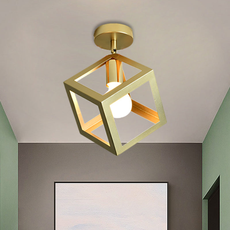 Frame Cylinder/Square Metal Semi Mount Lighting Loft Stylish 1 Bulb Bedroom Ceiling Fixture in Brass Finish Clearhalo 'Ceiling Lights' 'Close To Ceiling Lights' 'Close to ceiling' 'Semi-flushmount' Lighting' 1872150