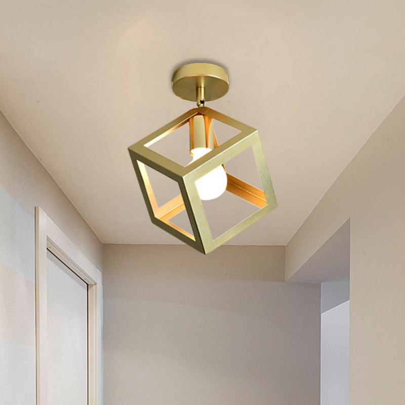 Frame Cylinder/Square Metal Semi Mount Lighting Loft Stylish 1 Bulb Bedroom Ceiling Fixture in Brass Finish Clearhalo 'Ceiling Lights' 'Close To Ceiling Lights' 'Close to ceiling' 'Semi-flushmount' Lighting' 1872151