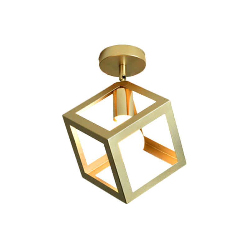 Frame Cylinder/Square Metal Semi Mount Lighting Loft Stylish 1 Bulb Bedroom Ceiling Fixture in Brass Finish Clearhalo 'Ceiling Lights' 'Close To Ceiling Lights' 'Close to ceiling' 'Semi-flushmount' Lighting' 1872152