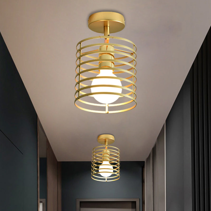 Frame Cylinder/Square Metal Semi Mount Lighting Loft Stylish 1 Bulb Bedroom Ceiling Fixture in Brass Finish Brass Cylinder Clearhalo 'Ceiling Lights' 'Close To Ceiling Lights' 'Close to ceiling' 'Semi-flushmount' Lighting' 1872154