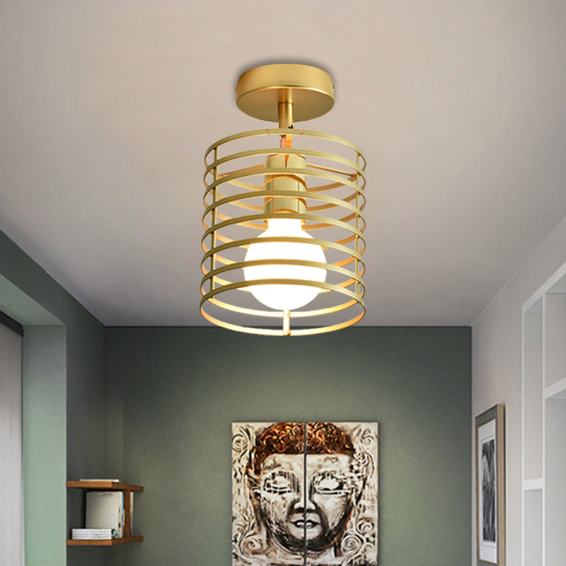 Frame Cylinder/Square Metal Semi Mount Lighting Loft Stylish 1 Bulb Bedroom Ceiling Fixture in Brass Finish Clearhalo 'Ceiling Lights' 'Close To Ceiling Lights' 'Close to ceiling' 'Semi-flushmount' Lighting' 1872155