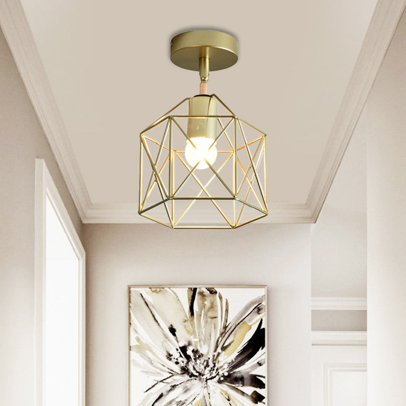 Frame Cylinder/Square Metal Semi Mount Lighting Loft Stylish 1 Bulb Bedroom Ceiling Fixture in Brass Finish Brass Hexagon Clearhalo 'Ceiling Lights' 'Close To Ceiling Lights' 'Close to ceiling' 'Semi-flushmount' Lighting' 1872159