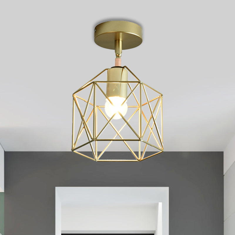 Frame Cylinder/Square Metal Semi Mount Lighting Loft Stylish 1 Bulb Bedroom Ceiling Fixture in Brass Finish Clearhalo 'Ceiling Lights' 'Close To Ceiling Lights' 'Close to ceiling' 'Semi-flushmount' Lighting' 1872160