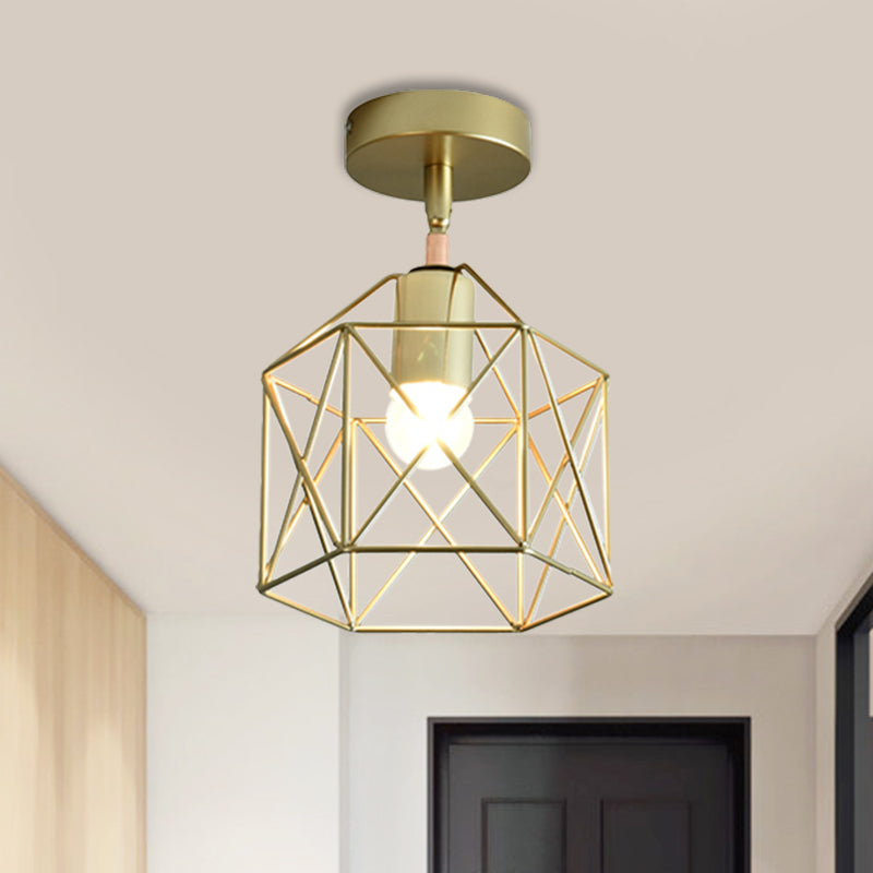 Frame Cylinder/Square Metal Semi Mount Lighting Loft Stylish 1 Bulb Bedroom Ceiling Fixture in Brass Finish Clearhalo 'Ceiling Lights' 'Close To Ceiling Lights' 'Close to ceiling' 'Semi-flushmount' Lighting' 1872161