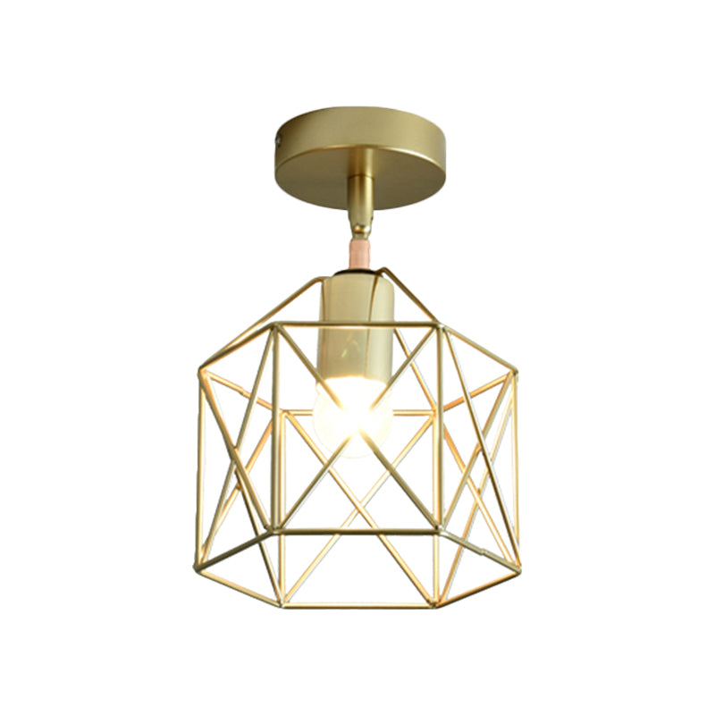 Frame Cylinder/Square Metal Semi Mount Lighting Loft Stylish 1 Bulb Bedroom Ceiling Fixture in Brass Finish Clearhalo 'Ceiling Lights' 'Close To Ceiling Lights' 'Close to ceiling' 'Semi-flushmount' Lighting' 1872162