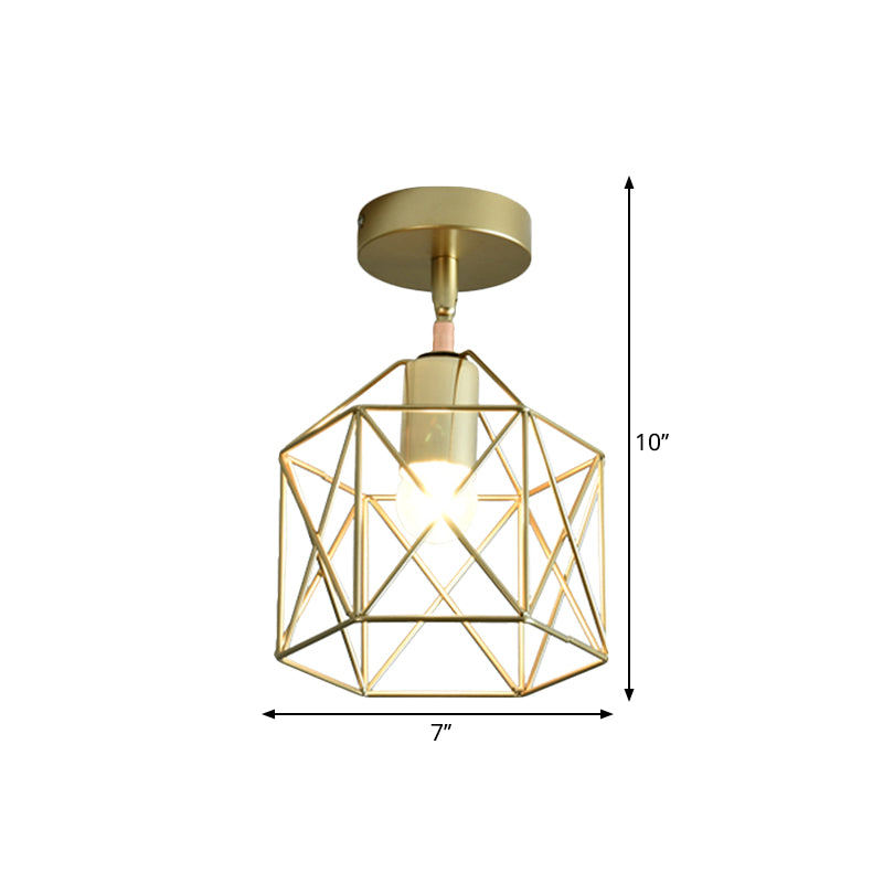 Frame Cylinder/Square Metal Semi Mount Lighting Loft Stylish 1 Bulb Bedroom Ceiling Fixture in Brass Finish Clearhalo 'Ceiling Lights' 'Close To Ceiling Lights' 'Close to ceiling' 'Semi-flushmount' Lighting' 1872163