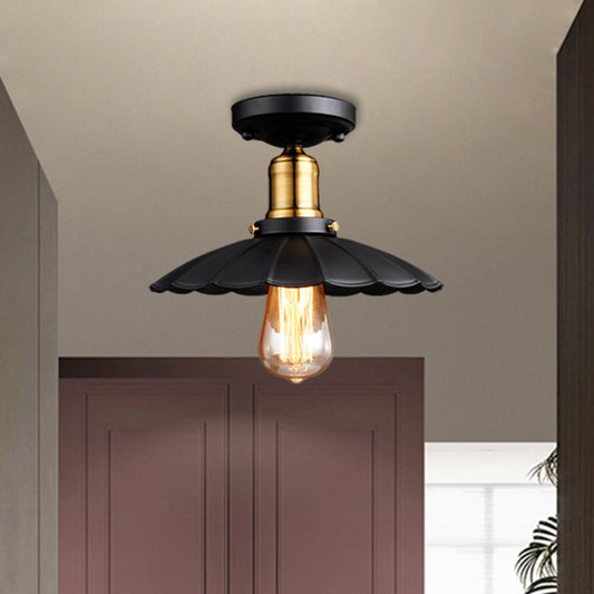 Retro Stylish Scalloped Edge Ceiling Lighting 1 Bulb Metallic Semi Flush Light Fixture in Black/White for Corridor Black Clearhalo 'Ceiling Lights' 'Close To Ceiling Lights' 'Close to ceiling' 'Flush mount' 'Industrial Flush Mount' Lighting' 1872169