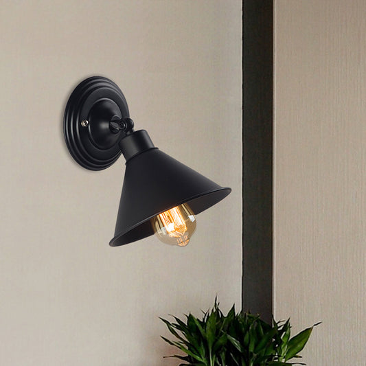 Black Finish Cone Wall Sconce Light Loft Style Metallic 1 Head Bedroom Sconce Lamp Black Clearhalo 'Art deco wall lights' 'Cast Iron' 'Glass' 'Industrial wall lights' 'Industrial' 'Middle century wall lights' 'Modern' 'Rustic wall lights' 'Tiffany' 'Traditional wall lights' 'Wall Lamps & Sconces' 'Wall Lights' Lighting' 1872209