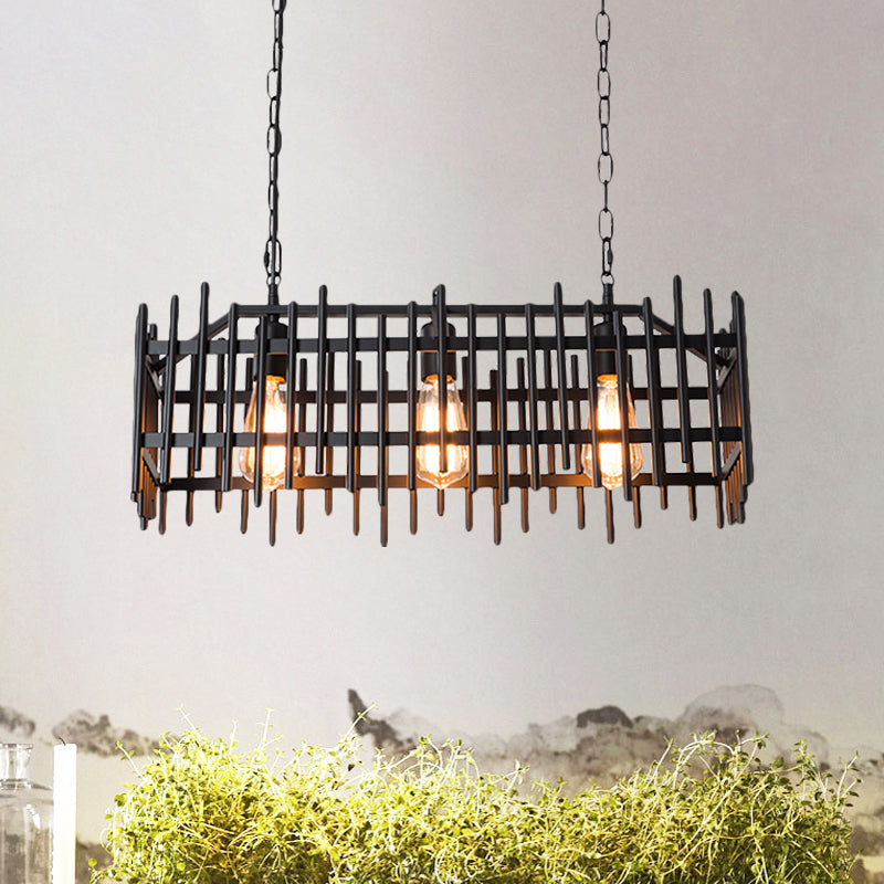 Metallic Fence Shape Island Light with Wire Cage Antique Style 3 Lights Farmhouse Island Lamp in Black/Rust Black Clearhalo 'Ceiling Lights' 'Island Lights' Lighting' 1872219