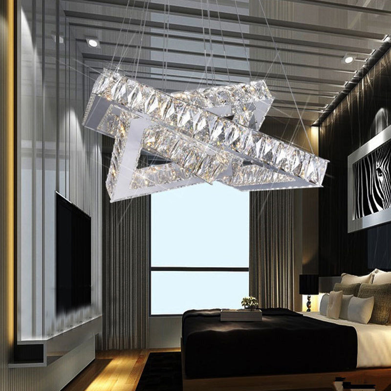 16"/19.5" Wide Square Crystal Hanging Chandelier Modern Chrome LED Drop Light in Warm/White/Natural Light for Bedroom Chrome Clearhalo 'Ceiling Lights' 'Chandeliers' 'Modern Chandeliers' 'Modern' Lighting' 187227