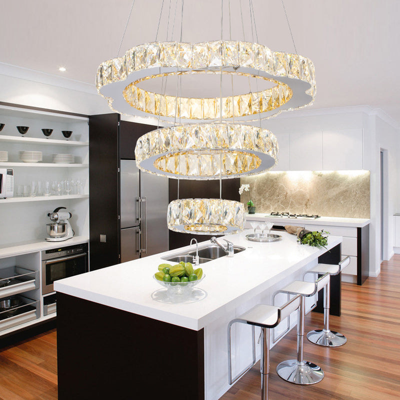 Crystal Block 3 Tiers Chandelier Light Contemporary Gold Hanging Ceiling Lamp in Warm/White Light for Kitchen Island Gold Clearhalo 'Ceiling Lights' 'Chandeliers' 'Modern Chandeliers' 'Modern' Lighting' 187255