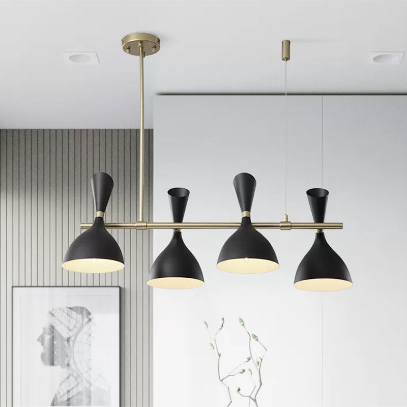 Metal Horn Shade Island Light Dining Room 4/6 Lights Nordic Hanging Chandelier in Black/White 4 Black Clearhalo 'Ceiling Lights' 'Island Lights' Lighting' 1872561