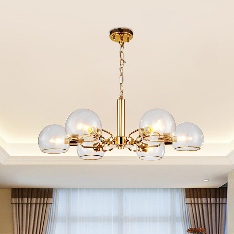 Post Modern Globe Shade Chandelier 3/6 Light Ceiling Pendant in Black/Gold/White for Living Room 6 Gold Clearhalo 'Ceiling Lights' 'Chandeliers' 'Modern Chandeliers' 'Modern' Lighting' 1872603