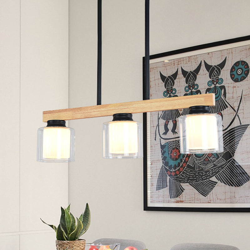 Double Glass Cylinder Shade Island Lighting Restaurant 3/4-Head Nordic Wooden Linear Pendant in White 3 Black Clearhalo 'Ceiling Lights' 'Island Lights' Lighting' 1872607