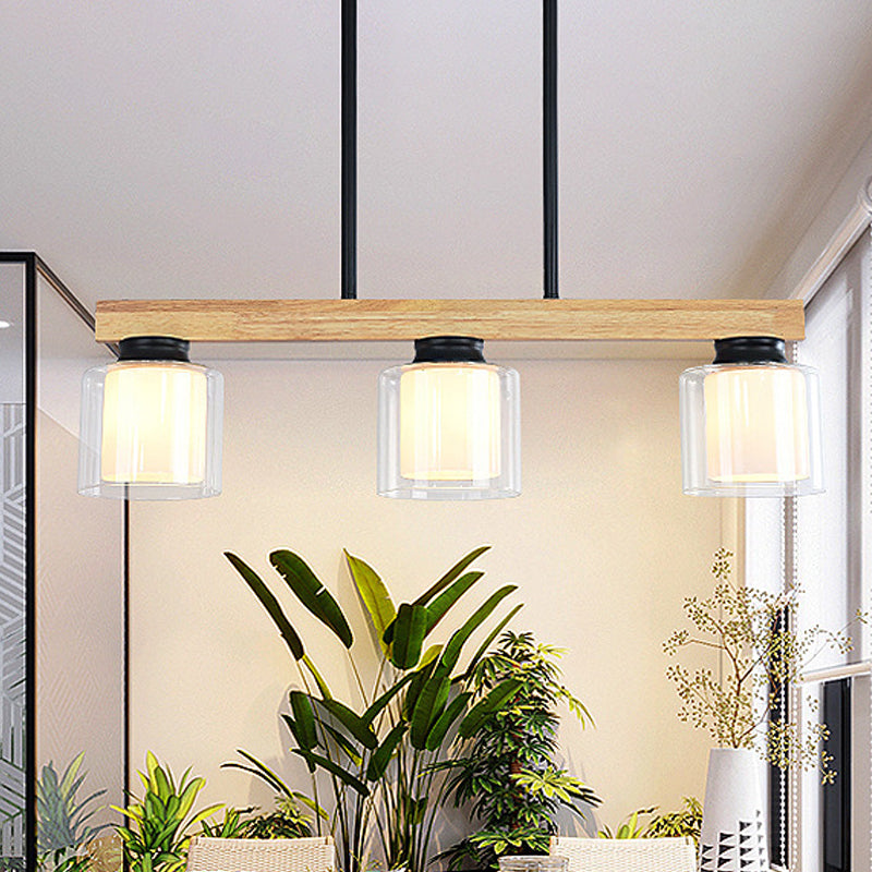 Double Glass Cylinder Shade Island Lighting Restaurant 3/4-Head Nordic Wooden Linear Pendant in White Clearhalo 'Ceiling Lights' 'Island Lights' Lighting' 1872608