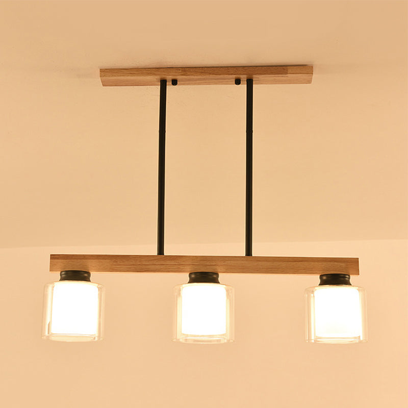 Double Glass Cylinder Shade Island Lighting Restaurant 3/4-Head Nordic Wooden Linear Pendant in White Clearhalo 'Ceiling Lights' 'Island Lights' Lighting' 1872609